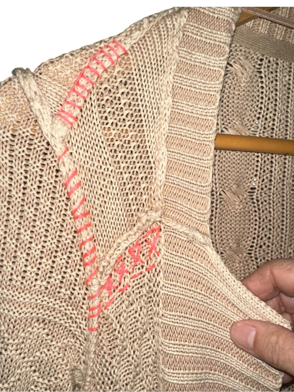 Free People All Washed Out Sand Tan Cardigan Pink Stitching Detail Size S - Picture 8 of 12